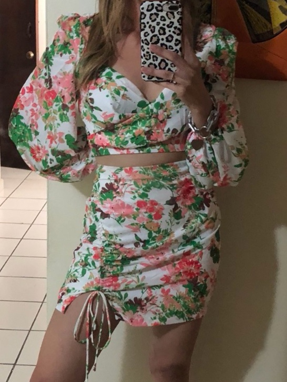 Floral Ruched Mini Skirt & Puff-Sleeve Crop Top in White and Pink- PRELOVED ❤️